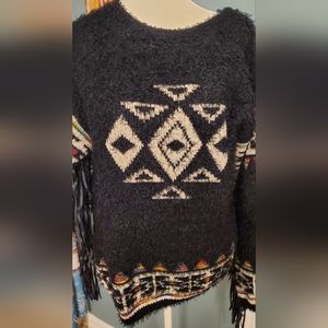 Fringe sleeved black aztec sweater